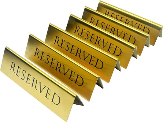 Golden Metal Table Top Reserved Sign for Restaurants, Wedding, Ceremony and Events, Double Sided Tent, 6x1.75 inches (Pack of 6)