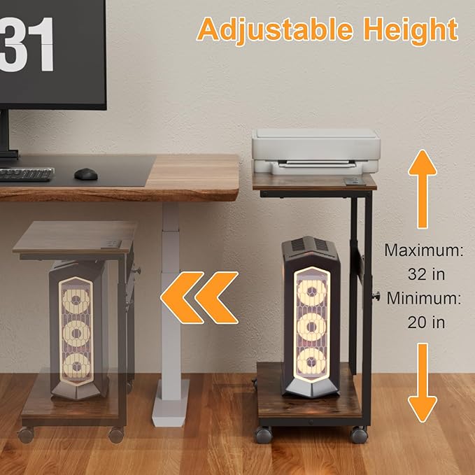 NEYCIL Computer Tower Stand with Charging Station, Height Adjustable 2-Tier CPU Stand with Power Strip and USB Ports, PC Tower Cart with Wheels and Printer Shelf, Rustic Brown and Black