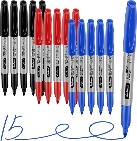 craftinova Fine Point Assorted Colors Permanent Markers Set, Works on Paper, Plastic, Metal, etc., for Adults, Artist, Teacher, Kids, Black, Blue, Red, 15 Count