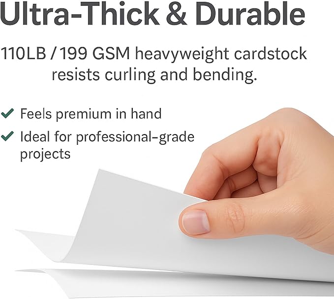 White Cardstock Printer Paper 8.5 x 11 – 100 Sheets, 110LB/199 GSM Heavyweight Thick Card Stock, For Business Cards, Invitations, Scrapbooking & Art Projects – Copy‑Paper Compatible, Made in USA