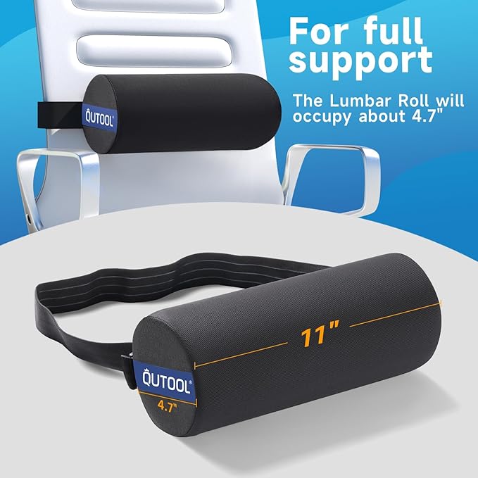 QUTOOL Lumbar Roll, Lumbar Support Pillow for Office Chair with Non-Slip Wider Strap, Back Pain Relief & Posture Improvement, Washable Cover, Office Desk & Car Accessories, Medium Soft