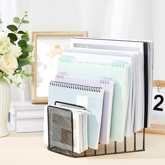4 Pcs 7 Section Incline File Sorter Metal Wire Mesh File Rack for Desktop Letter Sorter for Magazine Folder Book Organizer Home Office School Paper Mail Desk Storage Holder (Black)