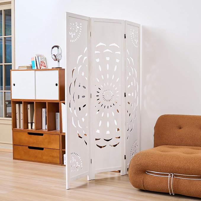 66.9Inch Wooden Room Partition - 3 Panels Boho-Styled Space Room Divider for Home/Office, Headboard & Yoga/Photo/Video Call Backdrop (White)