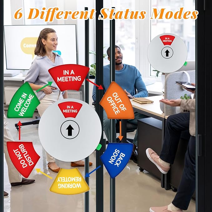 Office Door Sign, White Rotating Status Door Sign with 6 Options - Do Not Disturb/Out of Office/In a Meeting/Come in Welcome/Working Remotely/Back Soon, 6 Inch Round Privacy Signs (White)