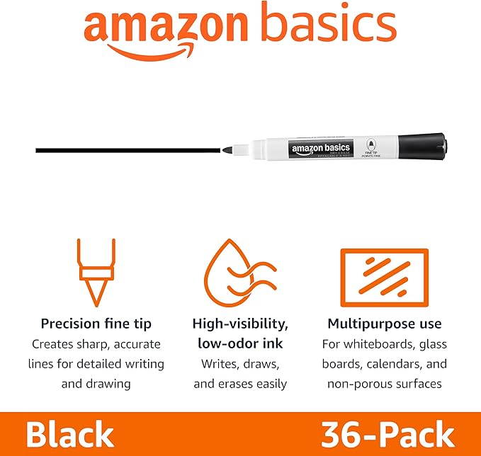 Amazon Basics Low-Odor Dry Erase Whiteboard Markers, Fine Tip, Black, 36 Count