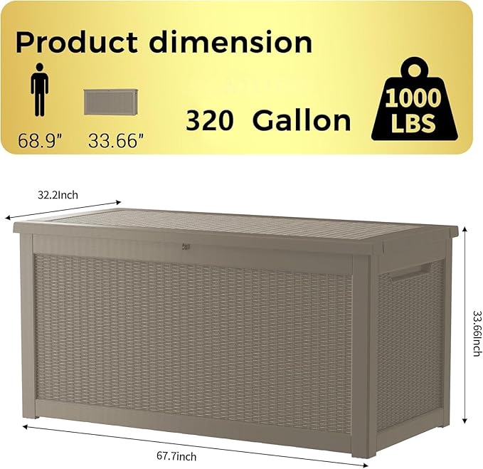 Decksplore 320 Gallon Outdoor Storage Box Waterproof Lockable Resin Deck Box Large, Patio Storage Bin for Pool Accessories Cushion Furniture, Garden Tools, UV-Resistant Outside Delivery Grey