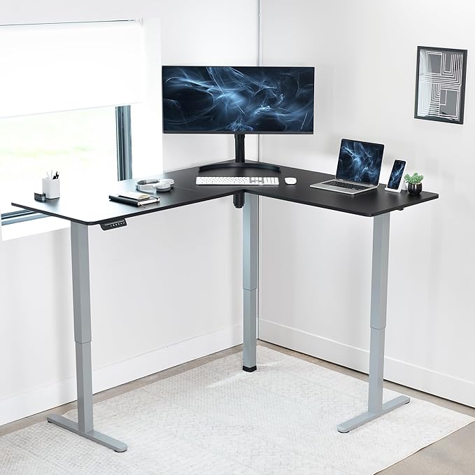 VIVO Electric Corner 63 x 55 inch L-Shaped Standing Desk, Memory Height Adjustment, Black Top Gray Frame, DESK-E3CTGB