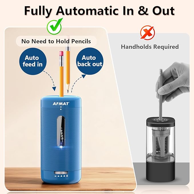 AFMAT Electric Pencil Sharpener, Fully Automatic Pencil Sharpener, Auto in & Out, Rechargeable Hands-Free Sharpeners for Jumbo & Colored Pencils (6.5-12mm), Portable for Home/Classroom/Office PSC2
