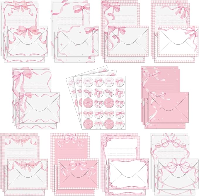 TaoBary 160 Pcs Stationery Paper Set 50 Double Sided Stationery Papers with 50 Matching Envelopes and 60 Round Dot Sticker, 10 Design(Pink Bow,5.5 x 8.25 Inch)