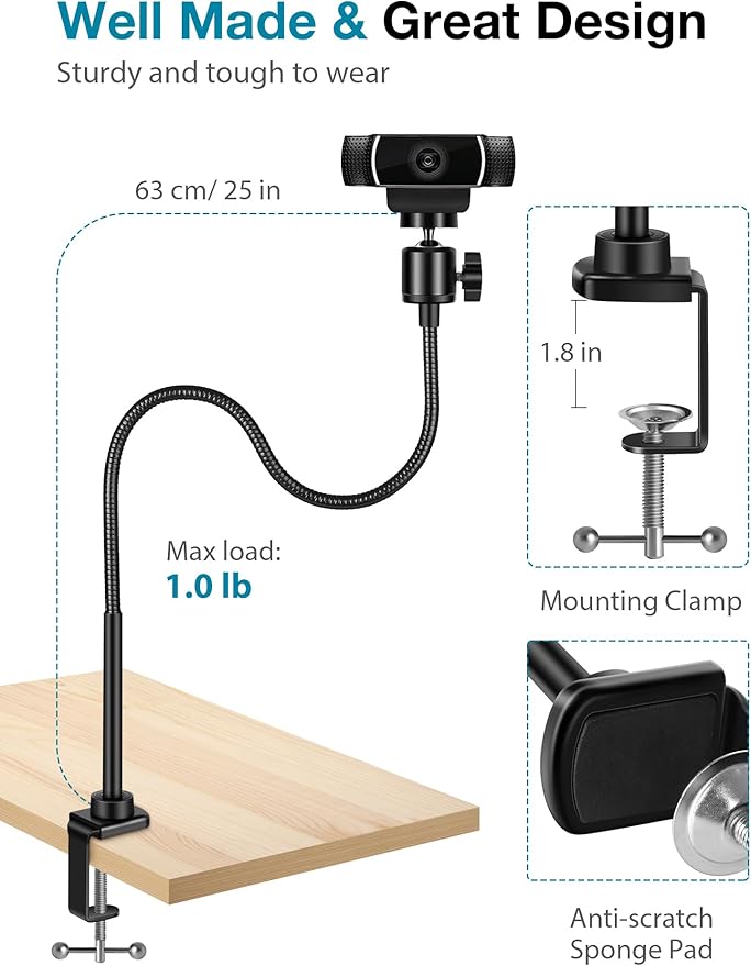 InnoGear Webcam Stand with Phone Mount, Desk Camera Arm Stands Gooseneck for Logitech Webcam BRIO 4K C960 C920 C920S C922 C922x C925e C930 C930e C615 NexiGo N60, Right Light, Gopro with 1/4" Thread