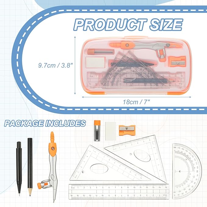 PATIKIL Geometry Precision Tool Set, 11 Pcs Geometry Set Compass Tool with Shatterproof Storage Box Rulers Math Compass Kit for Math Drafting Supplies, Orange(Style 2)