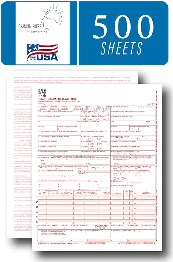 CMS 1500 Claim Forms - 500 Sheets | New Version HCFA 1500 02/2012 Revision | Laser & Inkjet Compatible Health Insurance Claim Forms for Accurate Medical Billing