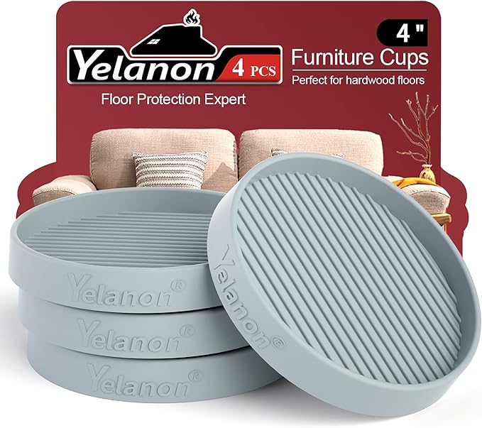 Yelanon Furniture Coasters - 4 Pcs 4”Round Furniture Caster Cups - Non Slip Pads Hardwood Floors Non Skid Grippers Rubber Furniture Feet - Anti Slide Floor Protector for Bed Couch Stoppers Gray