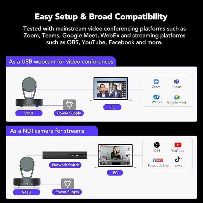 NEARITY V410 NDI PTZ Camera, 2K 10x Hybrid Zoom Video Conference Webcam, AI-Powered Noise Cancellation, 4 Preset Positions, 350° Pan&60° Tilt, 120° FOV, Remote Control for Zoom/Teams/Google Meet