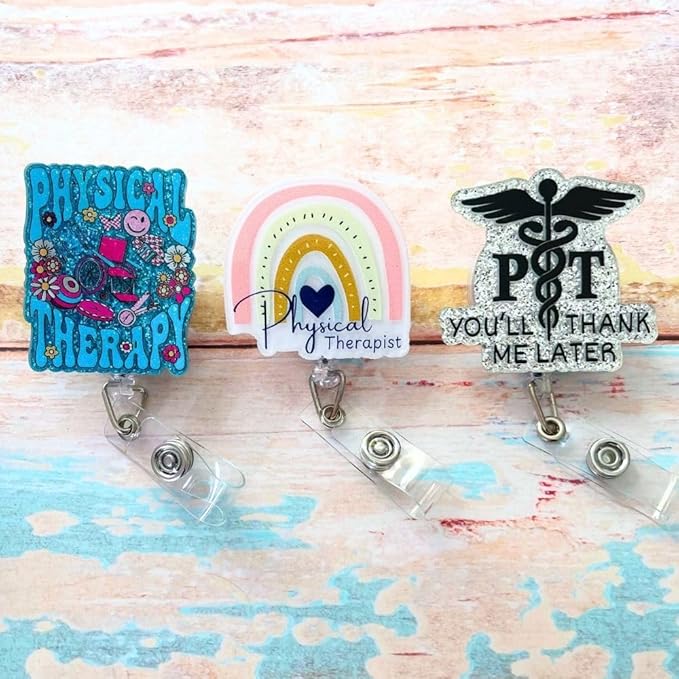 3PC Physical Therapist Badge Reels Physio Therapeutic Occupational Therapy Name Holder Retractable ID Clip Essentials for PT Student Assistant Rehab Aide Accessories Appreciation Gifts for Coworkers