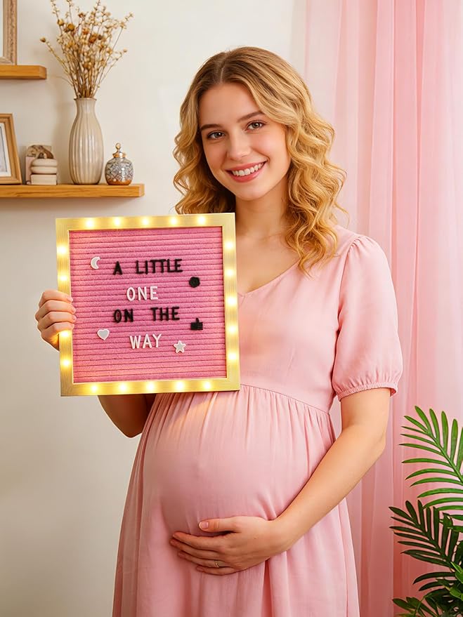 Changeable Felt Letter Board with LED Lights - 10×10" Message Custom Signs & Wood Stand & 450 Letters, Poster Board for Valentine's Day/Baby/Pregnancy Announcement/Classroom Wall Decor Gifts, Pink