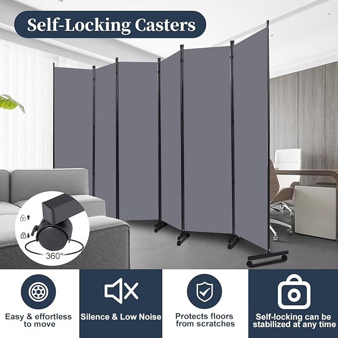 Room Divider Folding Privacy Screens with Lockable Wheels, 132'' Fabric Partition Room Dividers Freestanding Room Divider Panel for Room Separation, Wall Divider for Home Office Bedroom Studio Decor