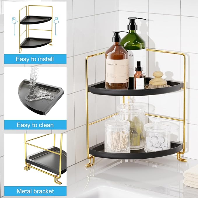 FSyueyun 2-Tier Corner Bathroom Counter Organizer, Tool-Less Installation Vanity Shelf Small Plastics Countertop Makeup Tray Skincare Perfume Organizers (Gold & Black)