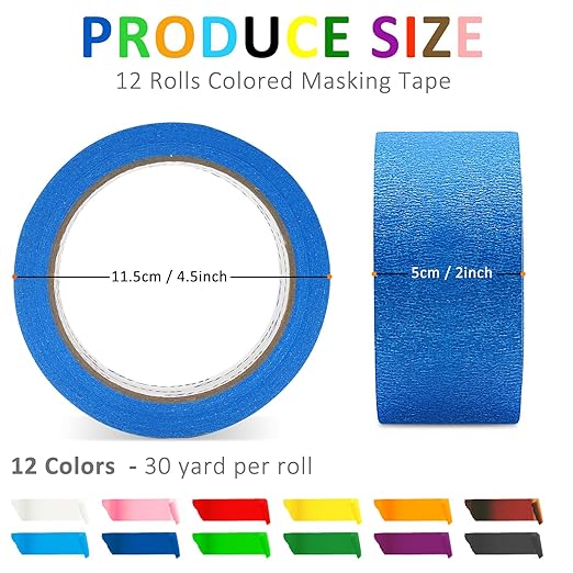 Oleitodh 12 Rolls Colored Masking Tape Painters Tape 2 Inch x 360 Yards, Rainbow Colors Bulk Colorful Paper Marking Tape for Arts Crafts Labeling DIY Office Home Supplies
