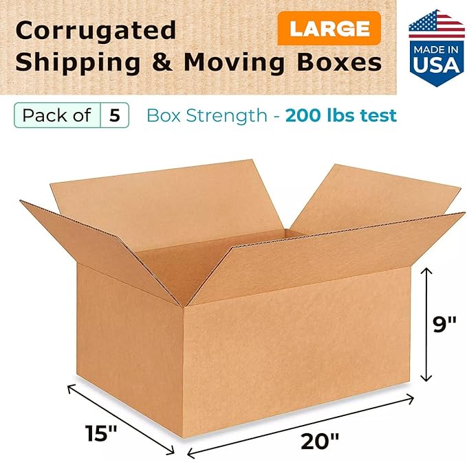 Large Moving & Shipping Boxes 20 x 15 x 9 inches (5-Pack) - Extra Strength 200 lb vs Regular - Corrugated Strong Moving Boxes - Large Packing Box for Shipping by IDL Packaging