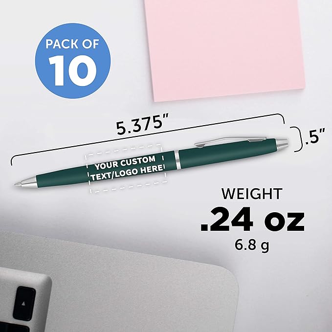 DISCOUNT PROMOS Custom Langham Ballpoint Pens Set of 10, Personalized Bulk Pack - Black Ink, Great for Office, School, Business, Tradeshows - Hunter Green