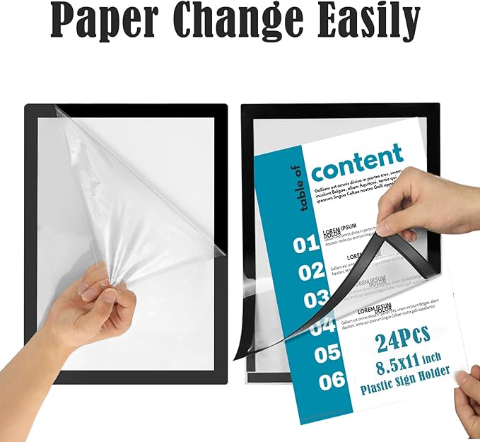 JIUYE 24Pcs 8.5x11 Magnetic Sign Holder Wall Mount,Self-Adhesive Plastic Display Frames,Clear PVC Sign Holder with Magnet Strip Border for Window/Door/Fridge/Document Notice Paper,Black