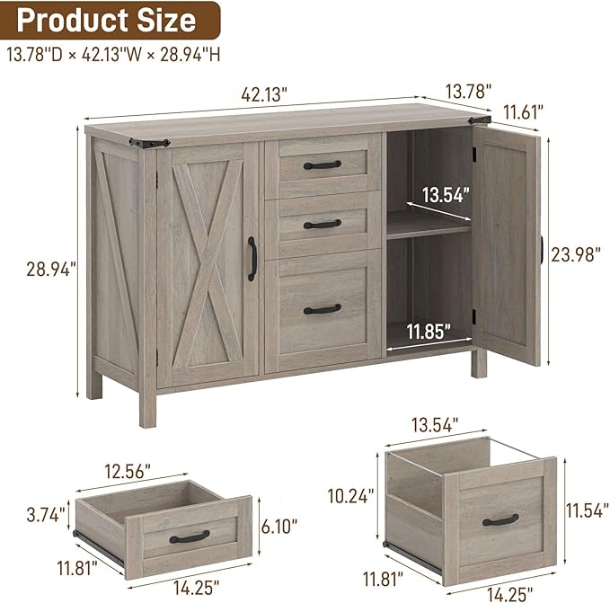 Vabches File Cabinet with 3 Drawers, Farmhouse Lateral File Cabinet Fits Files Letter/A4 Size, Wooden Filing Cabinet with Door and Adjustable Shelves Printer Stand for Home Office, Rustic Grey