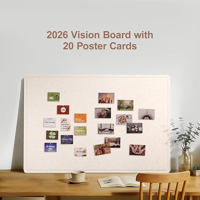 Vision Board 36x24 Inches, Thicken Felt Pin Board for Daily Goals Planning and Personal Inspiration with 20 Pushpins and 20 Postcards, Oatmeal