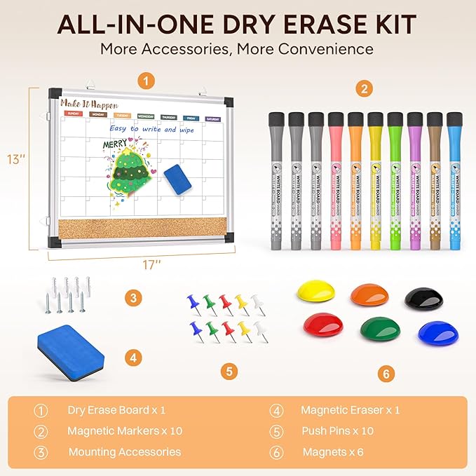 Monthly Dry Erase Board and Cork Board Combo for Wall, 17"x13" Reversible Hanging Dry Erase Board, Double Sided White Board with Aluminum Frame for Planning, Office, Kitchen, School, Home