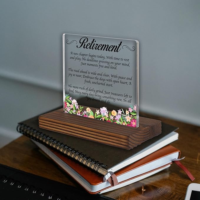 Retirement Acrylic Desk Sign with Poem, Inspirational Gift for Women Men, New Chapter Christian Plaque, Floral Office Decor, Farewell Keepsake for Coworker Friend Parent PA125