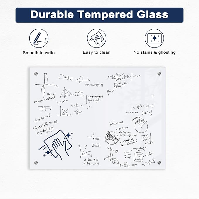 Magnetic Glass Whiteboard, 4' x 3' Glass Dry Erase Board for Wall, 48" x 36" Large Frameless White Board with 1 Marker Tray and 3 Magnets for Office, Home, Classroom - Ultra White