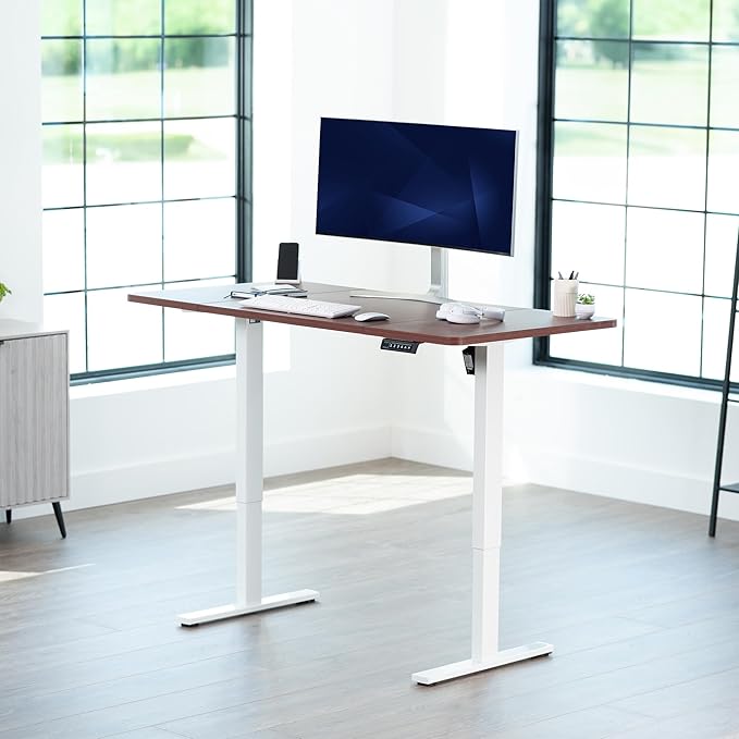 VIVO Electric 60 x 30 in Standing Desk, Memory Height Adjustment, 1B Series, Holds 220 lbs, Dark Walnut Top White Frame, DESK-KIT-1W6D-30