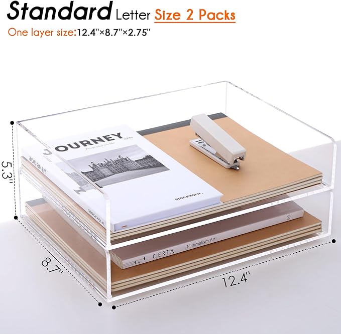 HeZone Paper Organizer, 2 Tier Stackable A4 Size Acrylic Letter Tray, Office/Home/School Organization - Clear