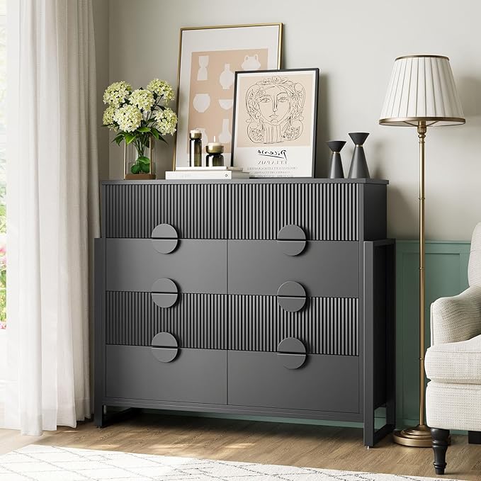 LGHM Fluted Dresser for Bedroom with 8 Drawers, Modern 8 Drawers Dressers with Semi-Cylindrical, Chest of Drawers Closet Organizers and Storage Clothes, 43" Tall Dresser with Bold Steel Frame, Black