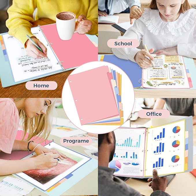 SUNEE 8 Tab Binder Dividers,Plastic Dividers for 3 Ring Binder,3 Ring Binder Dividers with Tabs for School Office Home Supplies,Pastel Color, 2 Set