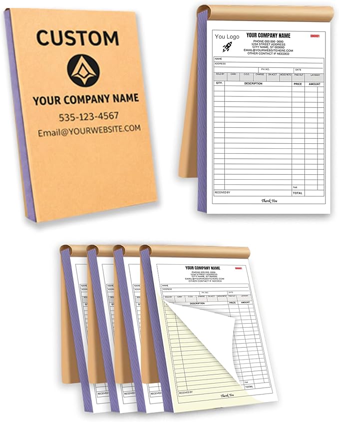 Custom Carbonless Invoice Book with Logo, Personalized Cover & Inner Pages, 2 Part NCR Receipt & Work Order Forms, Easy Tear, Writing Shield for Small Business (2-Part [White/Yellow], 8.3 x 5.5INCH)