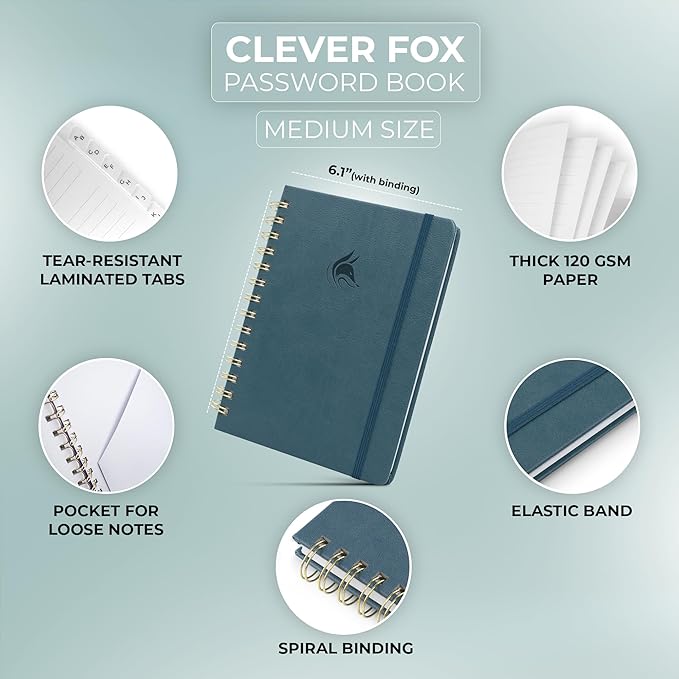 Clever Fox Password Book Spiral – Internet Address & Password Organizer with Laminated Alphabetical Tabs – Password Keeper Journal – Hardcover, Medium Size, 6.1x7.7” (Deep Sea)