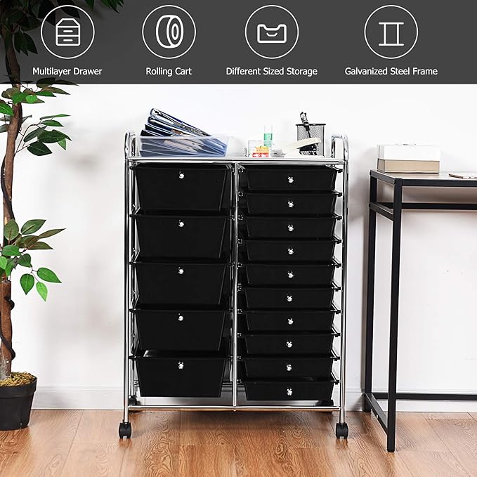GOFLAME 15-Drawer Rolling Storage Cart, Craft Storage Cart with Removable Drawers & Lockable Wheels, Art Cart Supply Storage Organizer for Home Office Classroom, Black