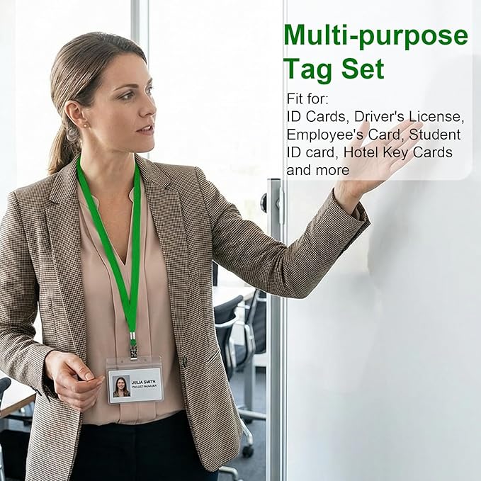 Marspark 200 Sets Clear Name Tags with Lanyard, Lanyards for ID Badges Reusable Strap with ID Holder Plastic Name Badges for Adults Business School Church Conference (Dark Green)