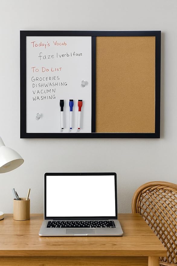 36x24 Wall-Mount Combo Board - Magnetic Dry Erase & Corkboard with Sleek Black Frame for Home & Office (24x36)
