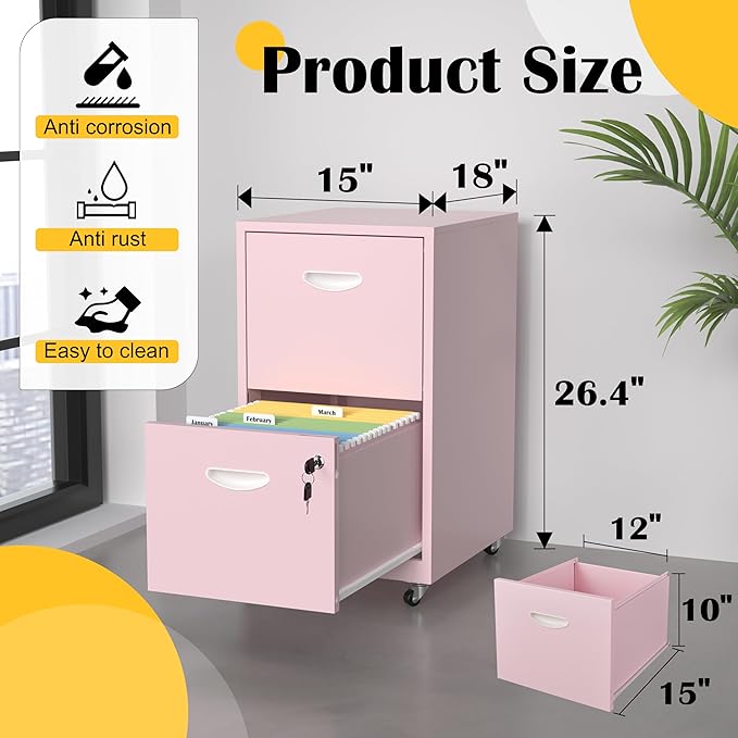 SteeLoong 2 Drawer File Cabinet with Lock，Pink Rolling File Cabinet for Home Office, Metal Small Mobile Filing Cabinets on Wheels for Hanging Letter