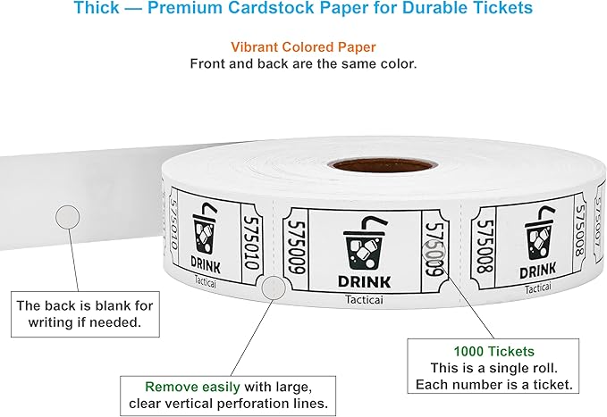Tacticai 1000 Raffle Tickets, Drink, White (1 of 8 Colors), Single Roll for Events, Entry, Class Reward, Fundraiser & Prizes