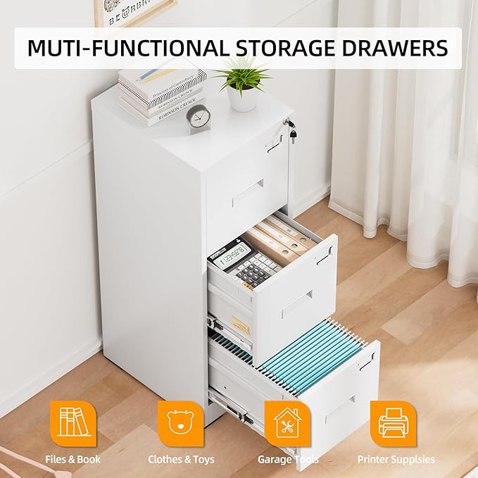 INTERGREAT 3 Drawer File Cabinet, White Metal Filing Cabinet with Lock, Locking Tall File Cabinets with 4 Adjustable Hanging Frame for Home Office, Name Tag