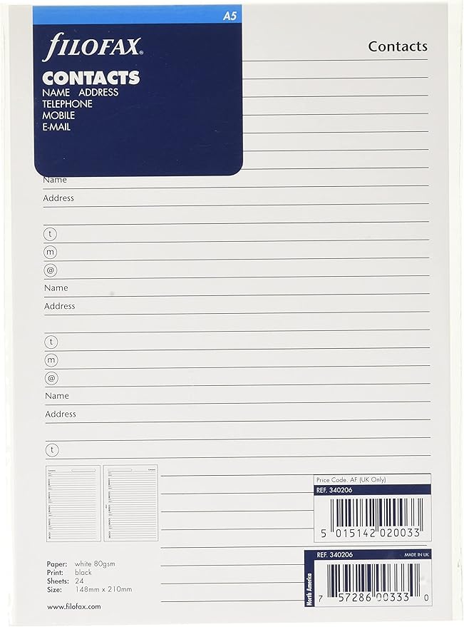 Filofax A5 Name/Address/Phone/Fax (B340206)