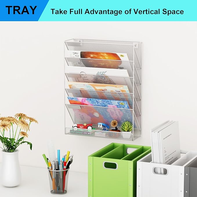 GDINDINFAN Wall File Organizer Holder Mesh Hanging Paper Document Holder, Vertical 6 Pocket Tier for Office Home, Silver