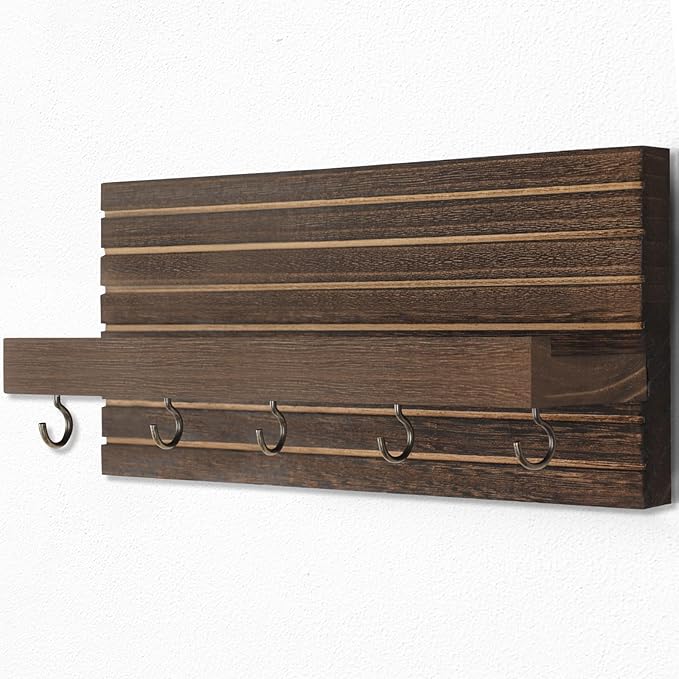 Lwenki Decorative Key Holder for Wall with Shelf, Entryway Shelf with Hooks Holds Leashes, Jackets and Glasses – Sturdy Wood Keyholder Entrance Hanger with Mounting Hardware (Brown, Medium)