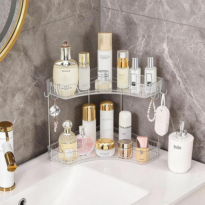 Trdongxu 2-Tier Corner Bathroom Organizer Countertop with Hooks, Bathroom Sink Corner Vanity Storage for Makeup, Skincare and Perfume (White Silver)