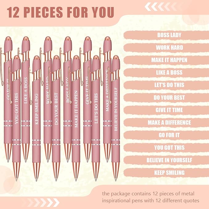 Zonon 12 Pcs Inspirational Pens Bulk Funny Ballpoint Pen with Stylus Tip Motivational Gifts for Valentine's Day Teacher Coworkers Nurse School Office Supplies(Rose Gold,Boss Lady)