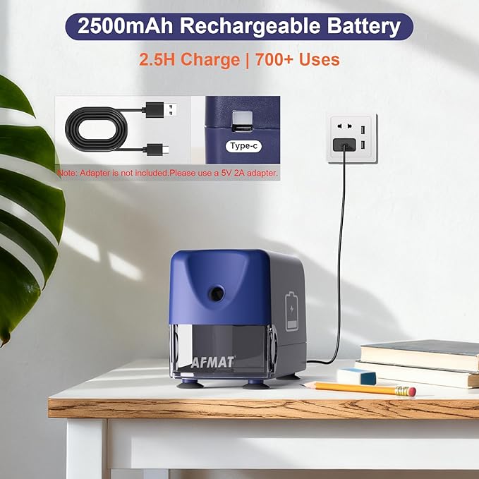 AFMAT Electric Pencil Sharpener, Cordless & Rechargeable, Heavy Duty Classroom Pencil Sharpeners for 6-11mm Pencils, Auto Stop, 2s Fast Sharpening, Battery Powered, 10,000 Sharpenings, Blue, PSD3