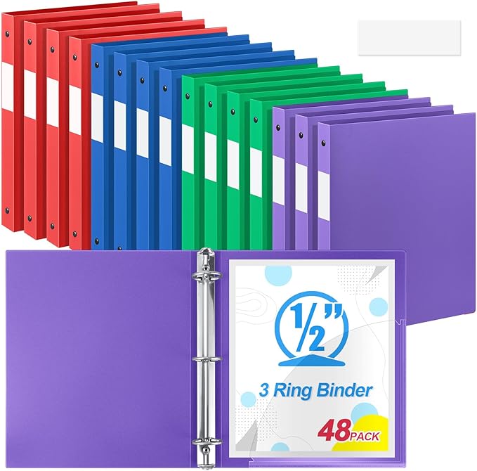 Henoyso 48 Pcs 3 Ring Binder 0.5 Inch Round Fits Letter Size 8.5'' x 11'' Paper Plastic Flexible Binder Holds 140 Sheets with 1 Pockets Versatile Organizer for Office School (Blue Green Purple Red)